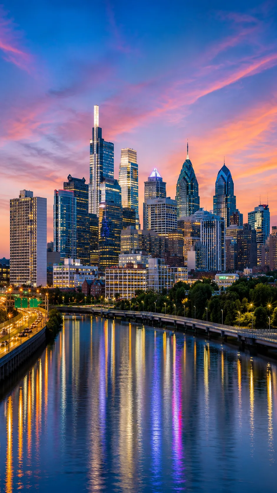 Philadelphia skyline at dusk